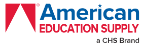 This image features a logo for "American Education Supply, a CHS Brand." The design includes a bold red triangular icon on the left resembling an abstract "A." Next to it, the word "American" is written in blue, with a small star replacing the dot over the "i." Below "American," the words "EDUCATION SUPPLY" appear in uppercase red text. At the bottom right, the phrase "a CHS Brand" is displayed in smaller black text, indicating the parent company.