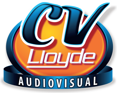 This image displays a logo for &amp;quot;CV Lloyde Audiovisual.&amp;quot; The design features a vibrant orange oval background, with the initials &amp;quot;CV&amp;quot; prominently styled in bold, glossy blue lettering outlined in white. Below &amp;quot;CV,&amp;quot; the name &amp;quot;Lloyde&amp;quot; is written in sleek white text with a modern font. At the bottom, a dark blue ribbon-like banner showcases the word &amp;quot;AUDIOVISUAL&amp;quot; in uppercase white letters.